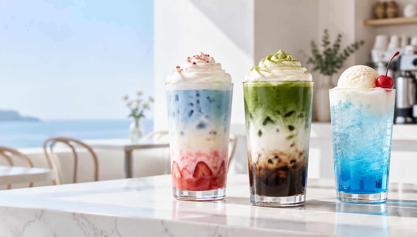 Three layered Cloudee drinks on a white counter in a bright minimal café